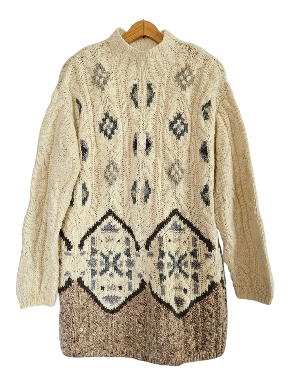 Vintage 90s Liz Claiborne Wool Tunic Womens M Cream Nordic Cable Knit Sweater